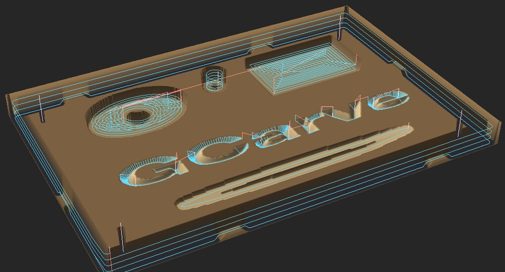 GCarve in the browser: a 3D perspective simulation of a carved sign with pockets, a bore, V-carved lettering and a flute